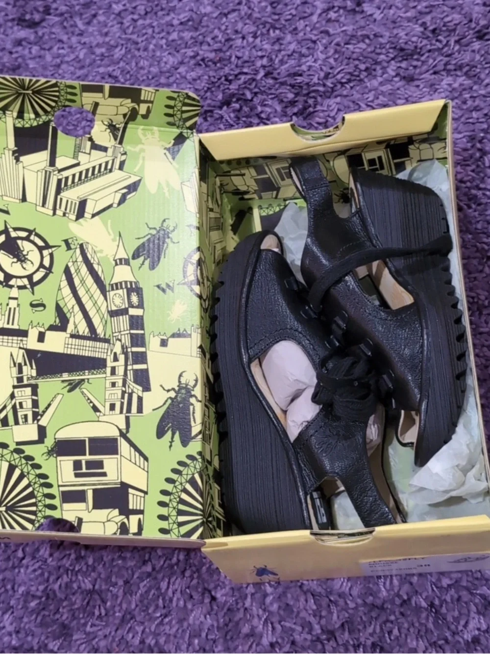 Fly London Mousse Black  Leather Lace Up Wedge Sandal  SZ 38  US 7 -7.5